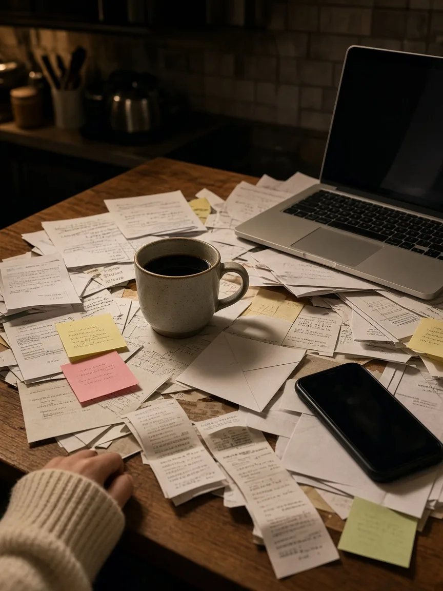 Illustration of a table covered with scattered notes and receipts